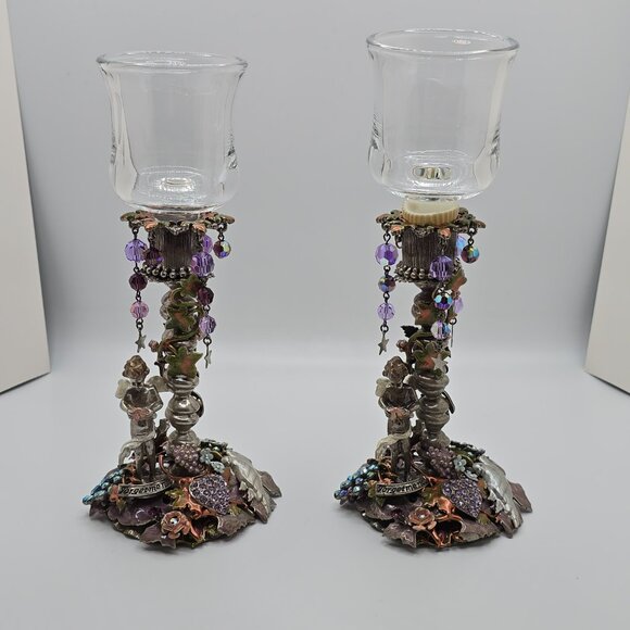 Vintage Kirks Folly Silver Enamel Jeweled Forget Me Not Votive Candle Holder Set - Picture 9 of 15